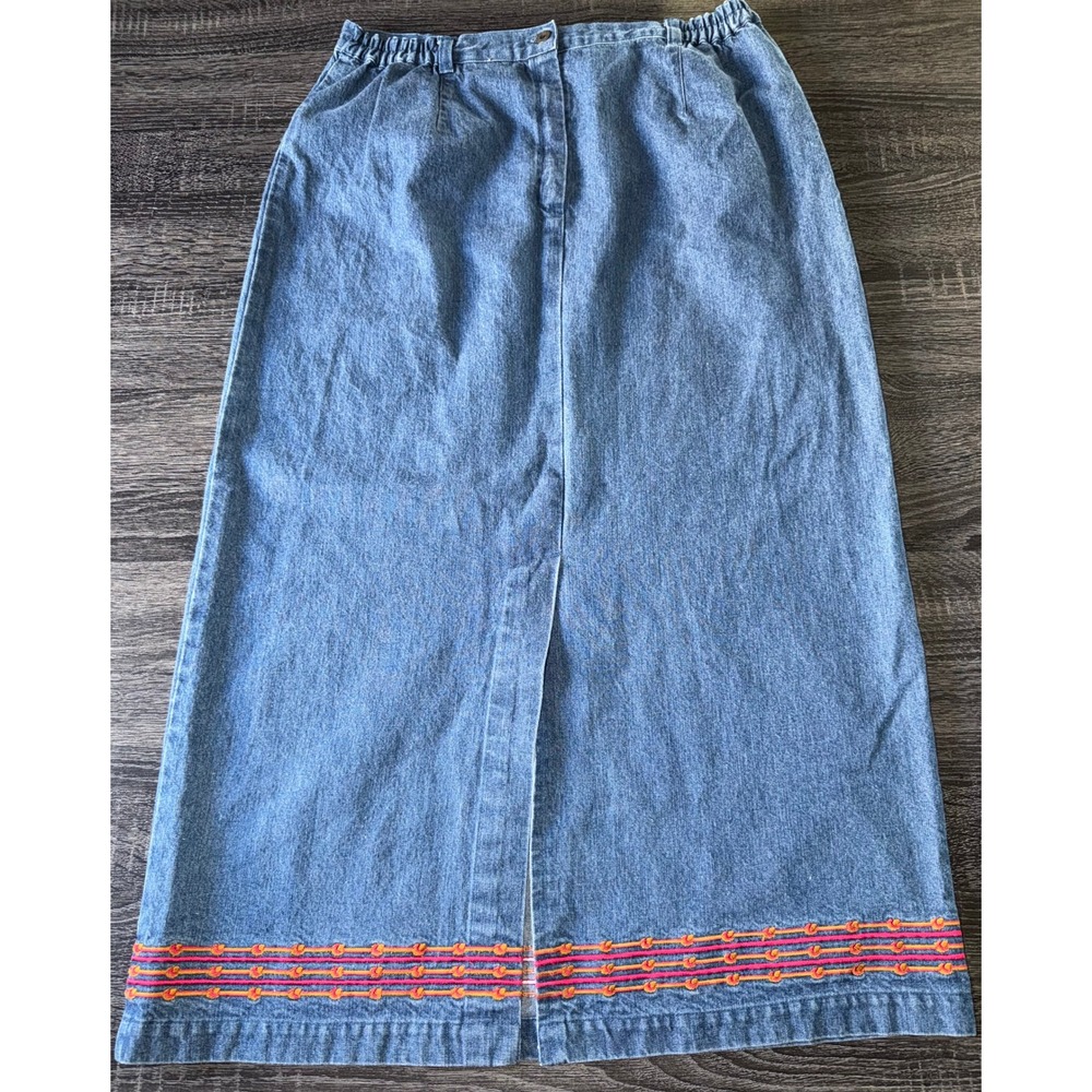 Vintage Denim & Co. Womens‎ Embroidered Denim Maxi Skirt Modest RARE Size L